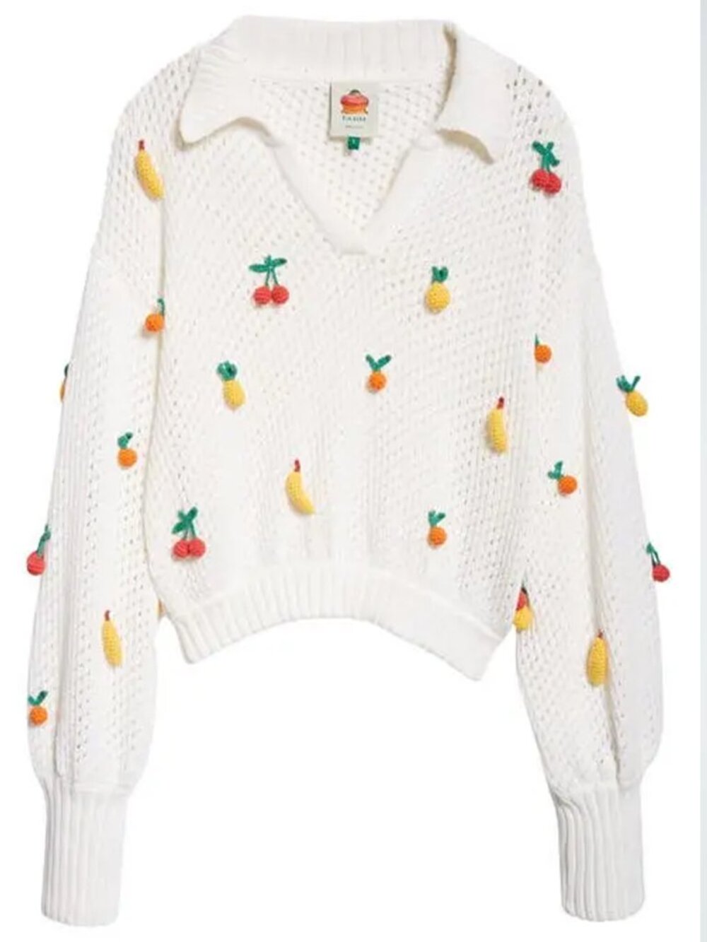 FARM Rio Open Stitch Crochet Fruit Cotton Sweater White - XS - Picture 6 of 10